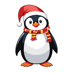Cheerful Penguin in Santa Hat and Scarf