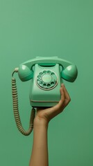 A hand holds a vintage mint green rotary dial telephone, capturing the nostalgic essence and artistic style of bygone communication devices.