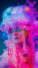 Fototapeta premium Colorful backgrounds, portraits, people in jellyfish costumes, 