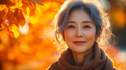 A woman with gray hair is smiling in front of a tree with orange leaves