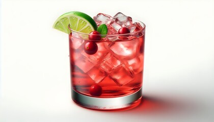 Vibrant Cocktail in Highball Glass with Ice and Fruit Garnish on White Background