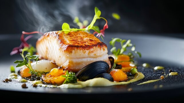 A beautifully plated seafood dish showcases expertly cooked fish and shellfish, elegantly combined with vibrant garnishes and a rich sauce at a fine-dining restaurant