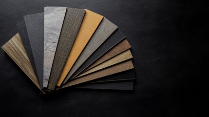 A fan-shaped layout displays an array of luxury vinyl floor tiles, highlighting diverse textures and patterns against a sleek black backdrop for design inspiration
