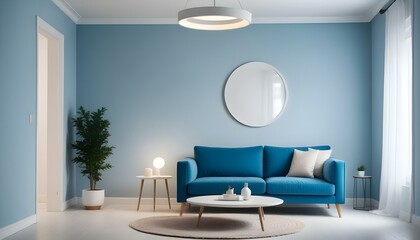 Interior mockup In a white room a blue sofa is placed next to a photo frame on the wall