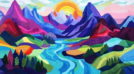 Colorful fabric mountains, river landscape 