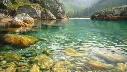 Crystal clear stream in mountains, Fantasy, Bright, Watercolor, Emphasizing natural clarity and beauty