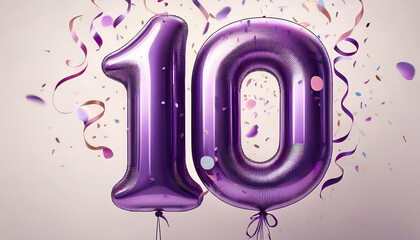 Purple birthday / anniversary balloon, number 10, white background with confetti