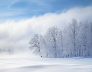 Fototapeta premium Winter Wonderland with Frost-Covered Trees and Soft Snow Under a Clear Blue Sky 