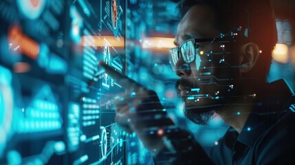 Cyber security specialist at work, Futuristic, Clean, Digital, Emphasizing protection and technology