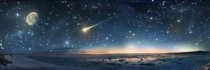 Celestial Ballet: A night sky, filled with stars and a full moon, a comet streaking across the horizon.