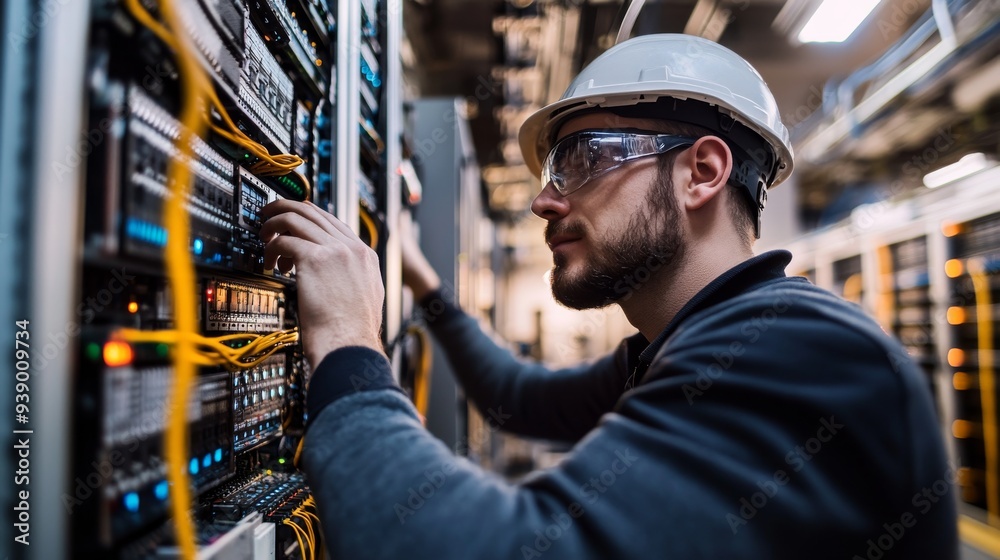 Poster an engineer focuses intently on server maintenance and troubleshooting tasks in a well-equipped serv