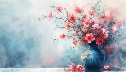 Cylindrical vase with flowers, Fantasy, Delicate, Watercolor, Highlighting elegance and decor