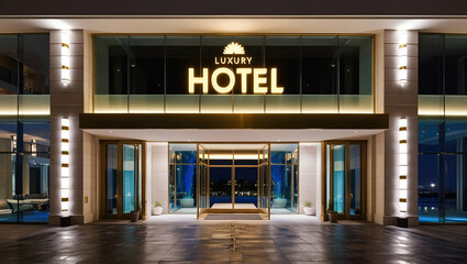 Outdoor front view of luxury hotel building entrance at night illuminated with glowing light text sign. Urban glass facade architecture exterior view