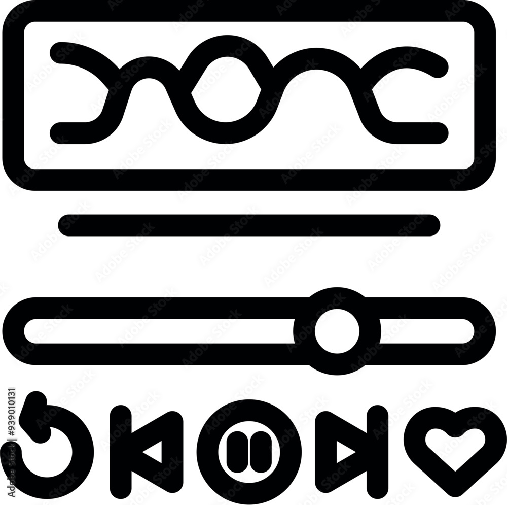 Poster simple icon of an audio player, showing sound waves and buttons for controlling music playback