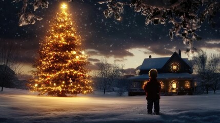 Christmas Eve Wonder: A Boy Gazes at a Festive Scene