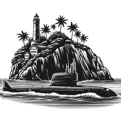 Fototapeta premium A nuclear submarine sails past a tropical island with a lighthouse