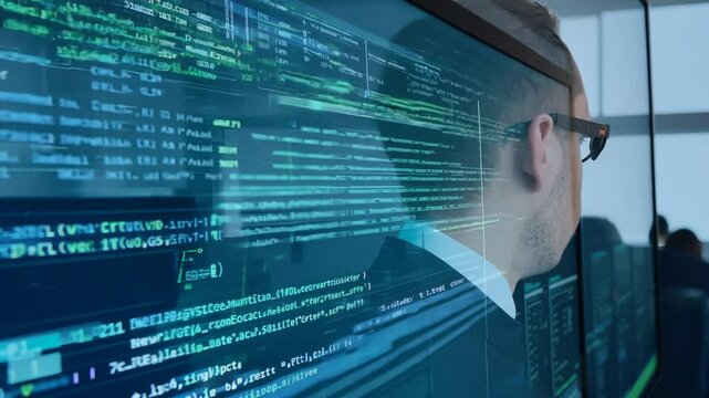 A professional wearing sunglasses focuses on multiple digital screens displaying complex data in an office setting