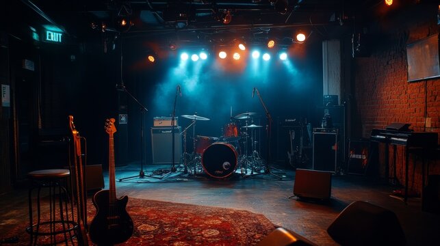 The stage is prepared for an upcoming live music performance, featuring instruments set up under dim blue lights, creating an intimate atmosphere for the audience
