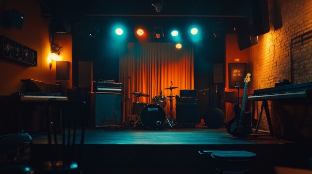 A small live music venue features a dim stage illuminated by colorful lights, creating a vibrant atmosphere for musicians to perform. Instruments await their turn on stage