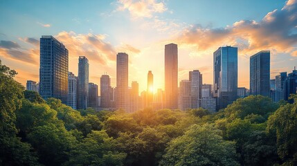 Obraz premium A city skyline featuring multiple zero carbon buildings, showcasing the future of sustainable urban development.