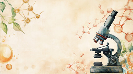 Watercolor horizontal banner, vintage postcard, with microscope, light beige background, copy space, free space for text.