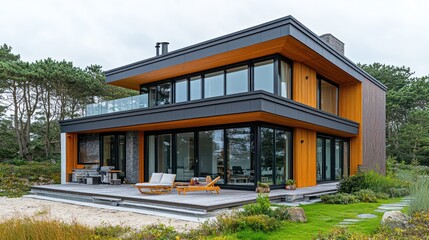 Fototapeta premium A coastal zero carbon home designed with sustainable materials and renewable energy sources to minimize environmental impact.
