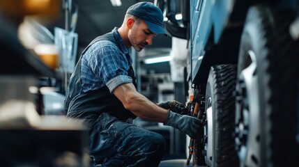 A mechanic is focused on servicing a large commercial vehicle, using various tools in a well-lit garage. The professional exhibits skill and attention to detail