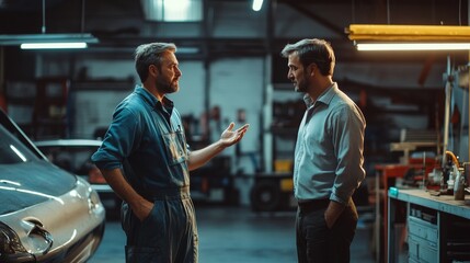 In a well-lit garage, two men discuss automotive repairs