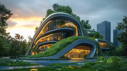 A green building with a sleek design, utilizing advanced technology and renewable energy to achieve zero carbon emissions.