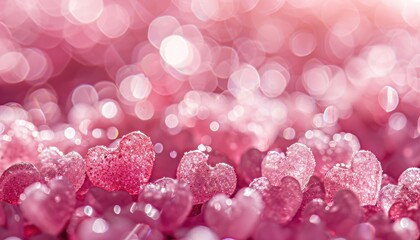 Pink Heart bokeh background, Love Valentine day concept, pink heart background, abstract background with hearts and place for text, white foam hearts with bokeh from garland, holiday background
