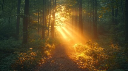 Obraz premium Golden Rays Through a Misty Forest