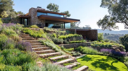 A hillside home designed with terraced gardens for water conservation and natural insulation, blending into the surrounding landscape.
