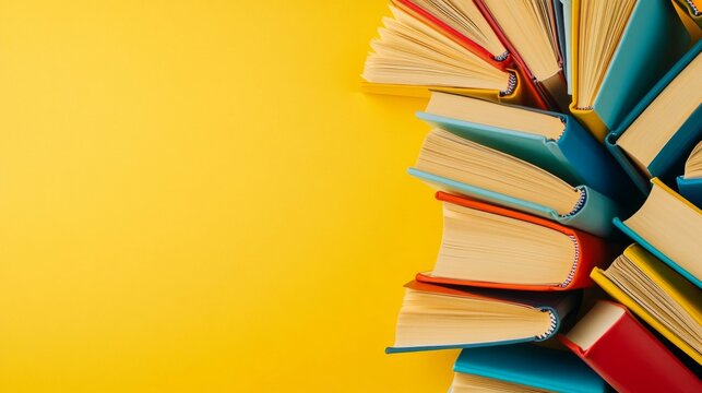 A colorful collection of hardcover books is spread in a fan arrangement on a cheerful yellow background, showcasing their varied spines and colors - Powered by Adobe