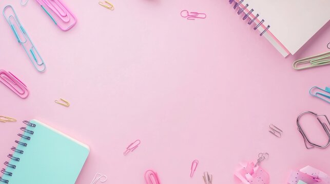 A pastel pink desk showcases scattered paper clips in vibrant colors, complemented by a neatly placed notebook, creating an inviting workspace for creativity and organization