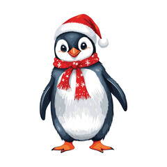 Happy Penguin Wearing Santa Hat and Snowflake Scarf