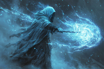 dark drow mage casting a bright blue energy sphere with intense focus in a stormy atmosphere, surrounded by swirling winds and fire