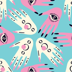Seamless pattern with Magical mystical symbol hands with eyes. Vector illustration