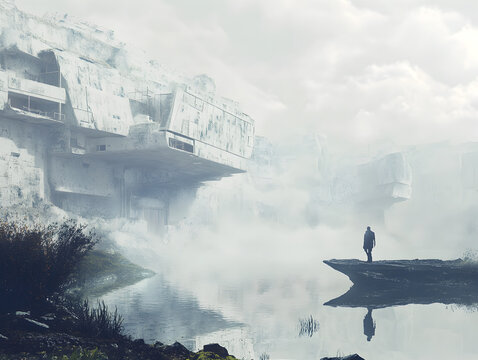 Solitary figure standing in a misty, desolate futuristic landscape with massive monolithic structures emerging from the fog