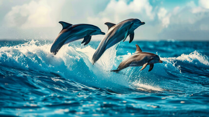 Fototapeta premium Beautiful dolphins jumping over the breaking waves. Wildlife landscapes. Wild animals, nature concept.