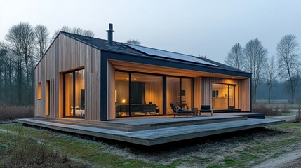 Fototapeta premium A modern house in the countryside, built with sustainable materials and renewable energy sources, designed for zero carbon living.