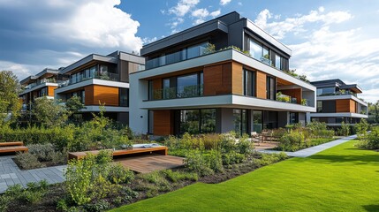 Obraz premium A modern zero carbon apartment complex with communal green spaces, renewable energy systems, and smart home technology.