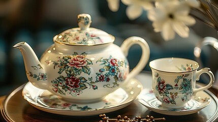 Exquisite porcelain tea set, Vintage, Delicate, Illustration, Highlighting elegance and craftsmanship