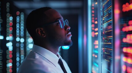 A Black African American male IT specialist focuses intently on multiple monitors displaying vibrant data, immersed in his work in a contemporary data center