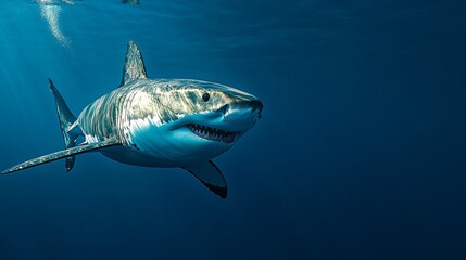 Obraz premium The elegant great white shark moves gracefully in the deep blue ocean, illustrating its strength and beauty amidst the vast underwater landscape