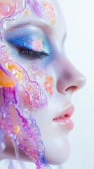 White background, face close-up, jellyfish makeup, makeup