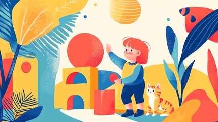 A colorful illustration of a child playing with blocks and a cat amidst vibrant plants and geometric shapes.