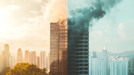 A dramatic contrast between a sunny cityscape and a smoke-filled skyline, illustrating urban life and environmental challenges.