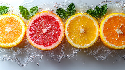A row of oranges and grapefruits are floating in water