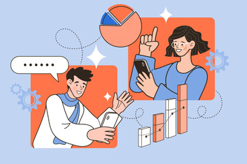 A remote team collaborates on a project by analyzing statistics. The colleagues communicate via mobile phones, discussing charts and data to achieve business growth and successful results.