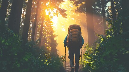 A peaceful hiker walks through a sunlit forest, surrounded by lush greenery and soft rays of sunlight streaming through trees.